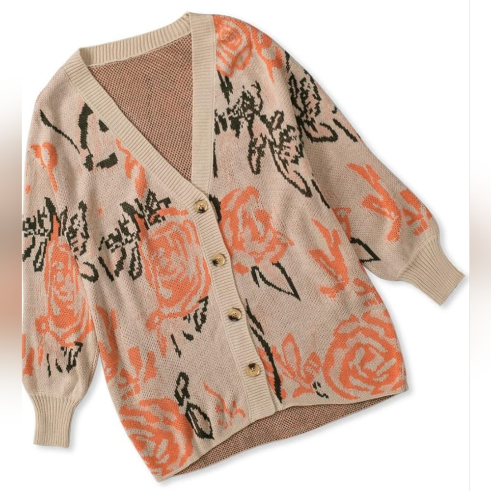Floral Beige Cardigan Sweater